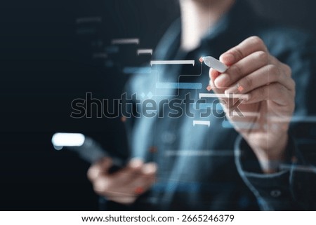 Planning workflow process concept. Flowchart solution implementation. Strategy diagram plan management. Planning business. flowchart schedule process timeline milestones smartphone.