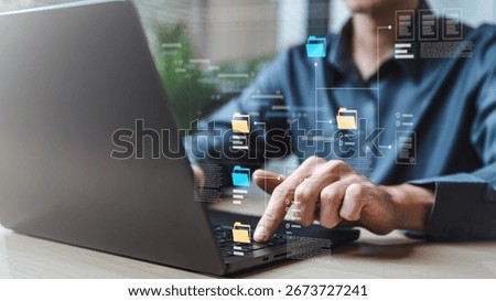 Planning workflow process concept. Flowchart solution implementation. Strategy diagram plan management. Planning business. laptop touching typing business flow backbone diagram structure.