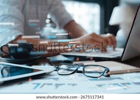 Planning workflow process concept. Flowchart solution implementation. Strategy diagram plan management. Planning business. laptop typing glasses tablet schedule.
