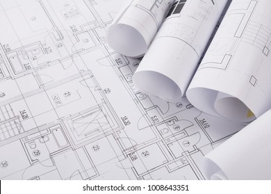 Plans Of Building. Architectural Project Background. Floor Plan Designed Building On Drawing, Copy Space