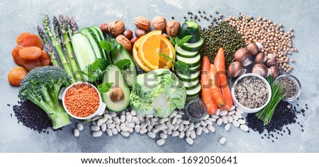 Plant based diet ingredients. Healthy food high in vitamins, antioxidants, smart carbohydrates