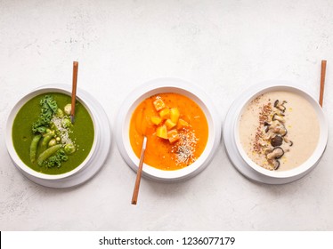 Plant Based Food Three Cream Vegetable Soup Bowl Overhead