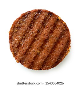 Plant Based Grilled Burger Patty With Grill Marks Isolated On White. Top View. 