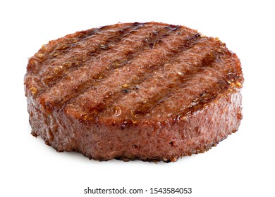 Plant Based Grilled Burger Patty With Grill Marks Isolated On White.