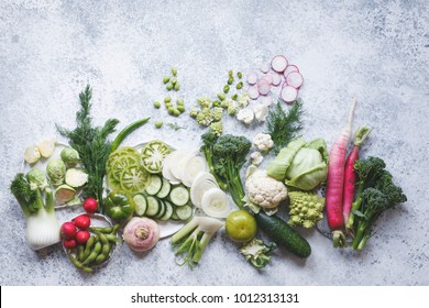 Plant Based Raw Food Seasonal Vegetables Background. Winter Vegetarian, Vegan Food Cooking Ingredients. Flat-lay, Top View