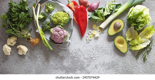 Plant Based Raw Food Seasonal Vegetables Background. Vegetarian, Vegan Food Cooking Ingredients. Flat-lay, Copy Space