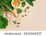 Plant based supplements. Organic vitamins. Homeopathy and alternative herbal medicine. Vegan capsules and pills, green plant leaves on beige background, top view, copy space.