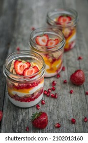 Plant Based Yogurt In A Glass Jar. Mango Strawberry Pudding. Vegan Dessert.