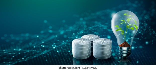 Plant Growing Inside The Light Bulb And Stacks Of Dollar Coin. Energy Saving, Accounting, Financial, Nature Ecology, Innovation, Technology Convergence, Csr, Ethics Concept, And Environmental Concept.