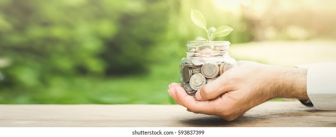 Plant Growing From Money (coins) In The Glass Jar Held By A Man's Hands  - Business And Financial Metaphor Concept, Web Banner With Copy Space