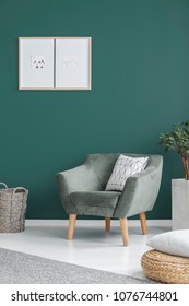 Plant Next To Green Armchair With Pillow In Living Room Interior With Poster On The Wall