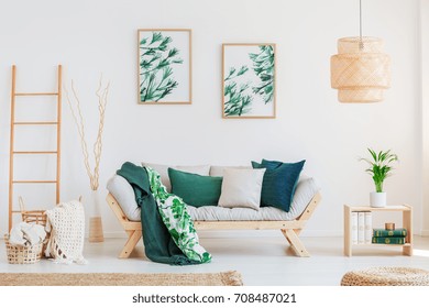 Plant On Wooden Table In Neutral Living Room With Green Pillows On Beige Sofa And Paintings On Wall