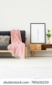 Pflanze und Plakat auf rustikalem Schrank neben einem dunklen Sofa mit grauem Kissen und rosafarbener Decke im gemütlichen Wohnzimmer mit gemusterten Teppichen – Stockfoto