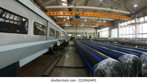 A Plant For The Production Of Plastic Pipes. Production Line For The Manufacture Of Water Pipes. Moscow. Russia-August 20, 2022.