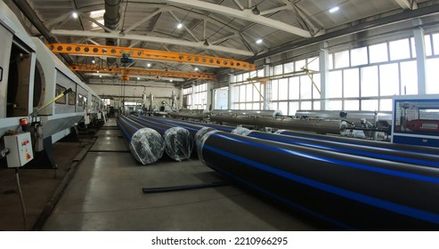 A Plant For The Production Of Plastic Pipes. Production Line For The Manufacture Of Water Pipes. Moscow. Russia-August 20, 2022.