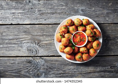 Plantain Fritters Klako On A White Plate With Hot Sauce, Vegan Side Dish, Street Food, African Cuisine, View From Above, Flatlay, Copy Space