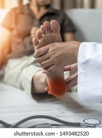 Plantar Fasciitis or heel pain illness in feet of woman patient who having medical exam with orthopaedic doctor on aching tendon, inflammation or disorder of the connective tissue on foot and toe