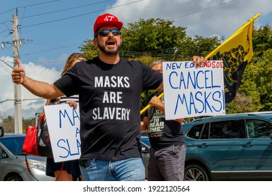 Plantation, Florida, USA – February 19, 2021 – Protest Of Broward County Government EO Mandate Of Covid-19 Coronavirus Pandemic Face Mask By Right Wing Conservative Chris Nelson Of Target Fame. 