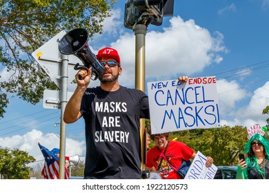 Plantation, Florida, USA – February 19, 2021 – Protest Of Broward County Government EO Mandate Of Covid-19 Coronavirus Pandemic Face Mask By Right Wing Conservative Chris Nelson Of Target Fame. 