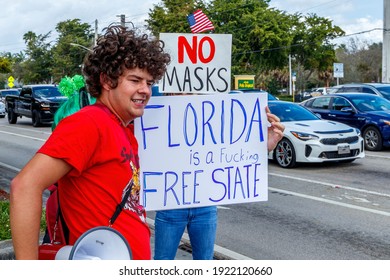 Plantation, Florida, USA – February 19, 2021 – Protest Of Broward County Government EO Mandate Of Covid-19 Coronavirus Pandemic Face Mask By Right Wing Conservative Chris Nelson Of Target Fame. 