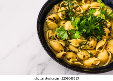 Plant-based Shell Pasta With Chickpeas And Spinach In Creamy Sauce, Healthy Vegan Food Recipes