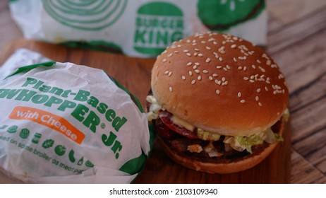 Plant-Based Whopper JR.  Meatless patty made from mushroom. Vegetarian Food. Burger King, Jakarta. 9 January 2022.