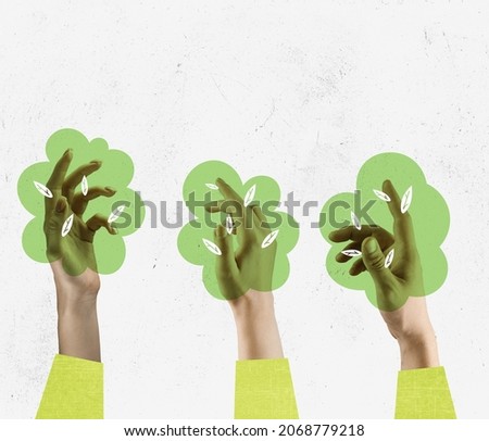 Planting of greenery. Female hands like green trees isolated on light background. Modern design. Conceptual, contemporary art collage. Eco, ecology, care. Environmental challenges