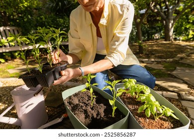 Planting seedlings in garden, senior woman gardening with watering can and planters. horticulture, outdoors, nature, sustainability, green, landscaping - Powered by Shutterstock