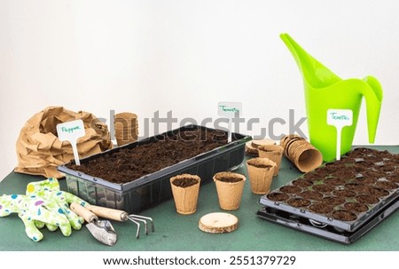 Similar – Image, Stock Photo spring preparations for seeding. Top view of handmade craft paper bags , garden labels (plant tags) and pots on grey background. Seeds organization.