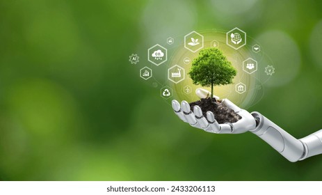 Planting trees with renewable tech, holding ESG icons— a symbol of eco-friendly, socially responsible, and sustainable business practices to reduce pollution. SDGs. Environmental technology concept.