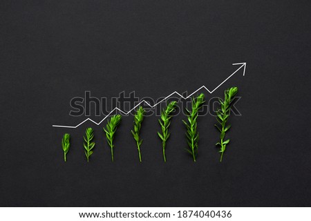Plants are growing on black background with chart. Concept of green business growth, profit, development and success. Eco  and environment.
