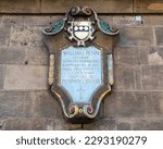 A plaque on the exterior of All Hallows by the Tower church in London, UK, dedicated to William Penn - Quaker and founder of Pennsylvania, who was baptised at the church in 1644.