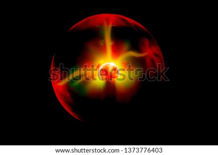 A plasma ball. Close up. Magic plasma lamp. Plasma placed in a dark place. Lightning from plasma. Electric sphere.