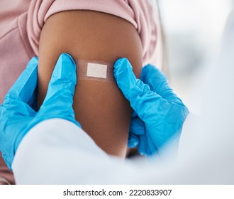 Plaster On Patient Arm From Doctor, Vaccine And Flu Shot, Healthcare And Medical Insurance For Hpv, Covid 19 And Safety In Hospital. Nurse Hands Bandaid, Corona Virus Immunity And Consulting Service