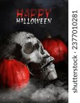Plaster skull on the ground, composition for Halloween. Human skull, pumpkins and plant roots on a dark background. Skull close up