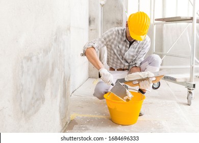 Plasterer Loading New Plaster From A Bucket Using A Trowel To Repair A Wall Of A House With Damp Stains From Moisture Or A Leak