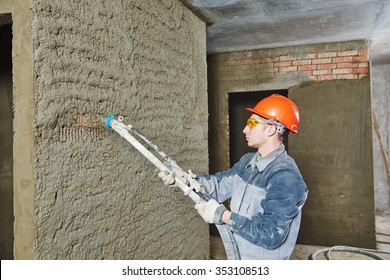 Plasterer Operating Sprayer Equipment Machine For Spraying Thin-layer Putty Plaster Finishing On Brick Wall 