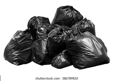 Plastic Bag Black For Bin Garbage, Bag For Trash Waste, Garbage, Rubbish, Plastic Bag Pile Isolated On White Background