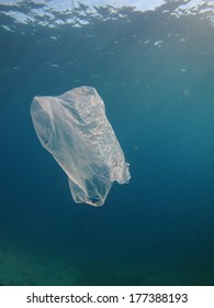 Plastic Bag Floating Underwater In The Red Sea