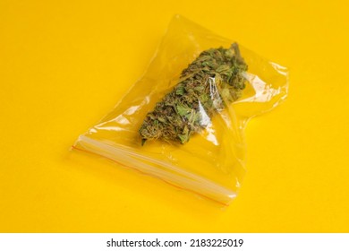 Plastic Bag Full Of Quality Cannabis, Marijuana, Weed Ready For Selling. Yellow Background