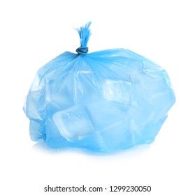 Plastic Bag With Ice Cubes On White Background