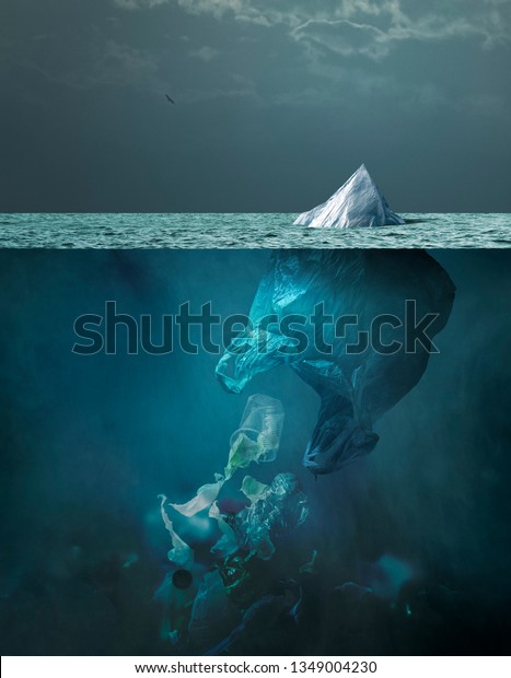 Plastic bag looking like an\
iceberg melting on the surface of the ocean, it is floating and\
dispersing waste in the water: sea pollution and global warming\
concept