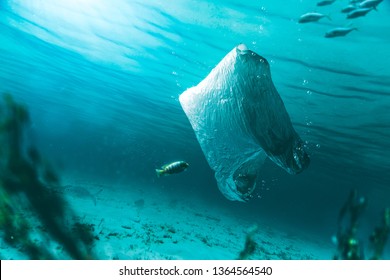 plastic bag polluting the ocean, photo composite
