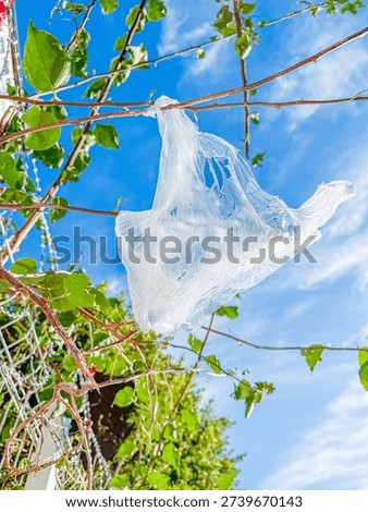 Plastic bag trapped on tree branches against blue sky on summer day. environmental pollution and ecological crisis concept