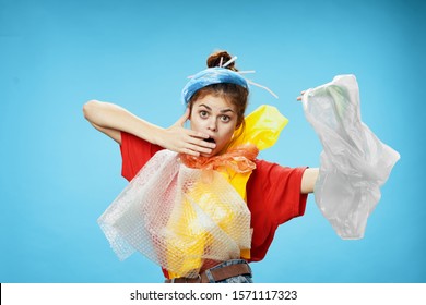 Plastic Bag Woman Volunteer Red Shirt Environmental Pollution