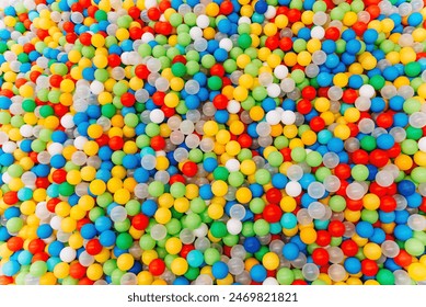 plastic balls for dry pool, view from above, children attraction, background, texture
