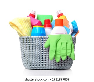 Plastic basket and domestic desinfectant bottles   sprays Household item isolated white Housekeeping object 