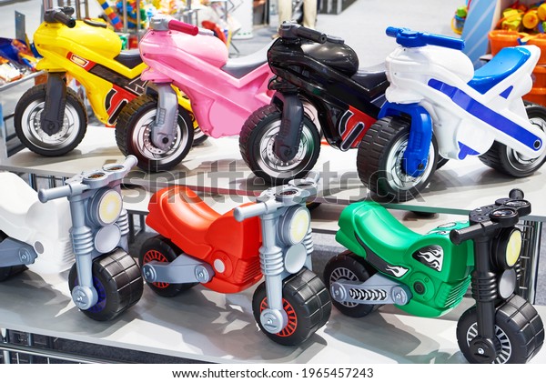 Plastic bicycles in a toy\
store