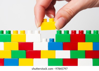 Plastic Block Hand Building Wall Isolated Stock Photo 97845797 ...