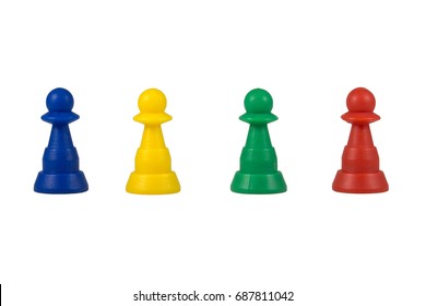 Plastic Board Game Pieces, Figures, Pawns, Puppets Isolated On White Background.